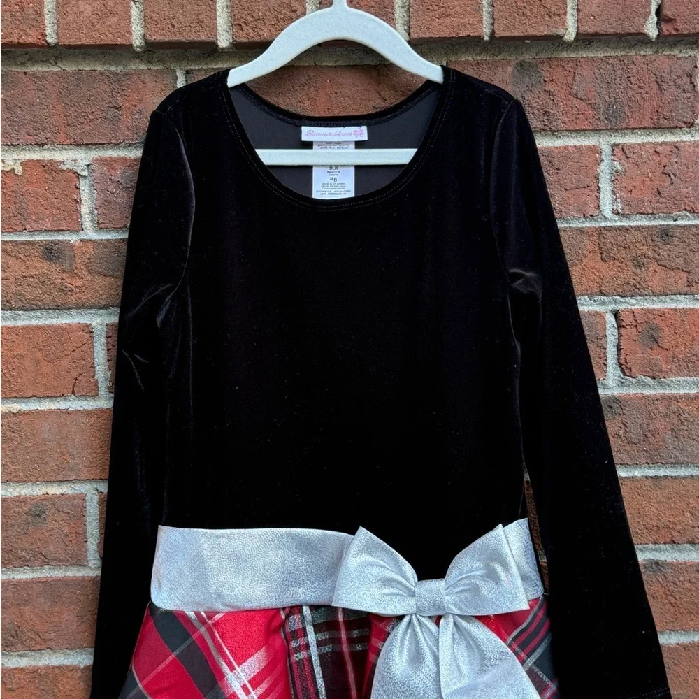 Bonnie Jean Girls Long-Sleeve Plaid Hipster Dress Silver Bow Size 8 NWT Holiday - Picture 2 of 6
